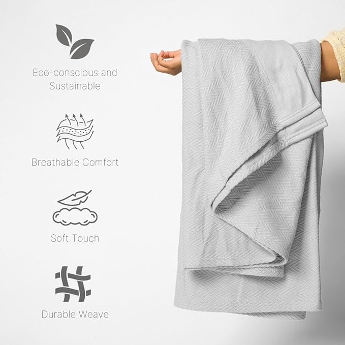 100% Cotton Herringbone Weave Blankets, 66"X90" Twin, Throw Blanket for Bed,All Season Cotton Blanket, Cozy Blanket,Throws Bed Blanket, Throw Blanket for Couch,Modern Home Decor -Light Grey