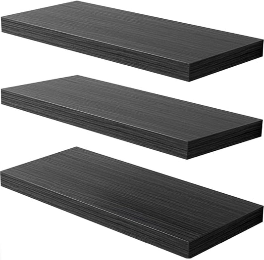 Floating Shelf, Set of 3 Wall Shelf, 24 in W x 12.75 in D x 2 in H Wooden Floating Wall Shelf with Invisible Brackets for Living Room/Bedroom/Bathroom/Kitchen Storage and Decor, Black Wood