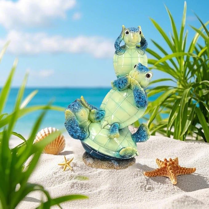 Resin Sea Turtle Statue - Baby Turtle Figurine for Home Decor, Feng Shui Wealth Lucky Charm, Cute Blue Ocean Decor, 9-Inch Tabletop Decoration Gift