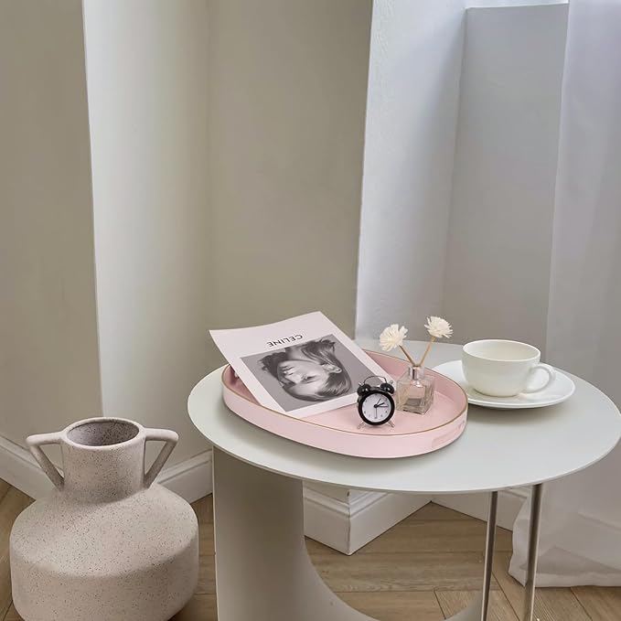 MAONAME Pink Decorative Tray, Oval Serving Tray with Handles, Plastic Tray for Coffee Table, Ottoman Tray for Living Room, Bathroom, 15.6" X 10.6" X 1.4"