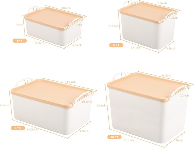 ANMINY 8PCS Plastic Storage Bins Containers with Lids, Large White Storage Organization Bins Boxes, Lidded Plastic Storage Baskets for Closet Shelves Drawers Desktop Home Office, Wheat Lids