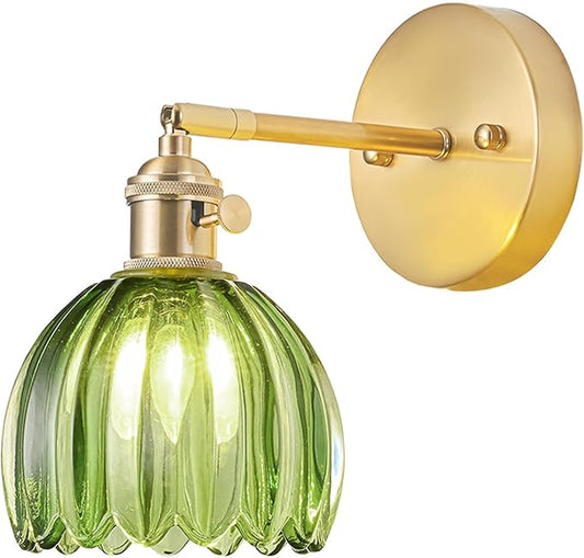 Hardwired Wall Sconce Light, Vintage Wall Sconce with Switch, Gold Wall Light Fixture with Tulip Green Glass Lampshade, Indoor Wall Light for Bedroom Bathroom, Bedside Wall Lamp