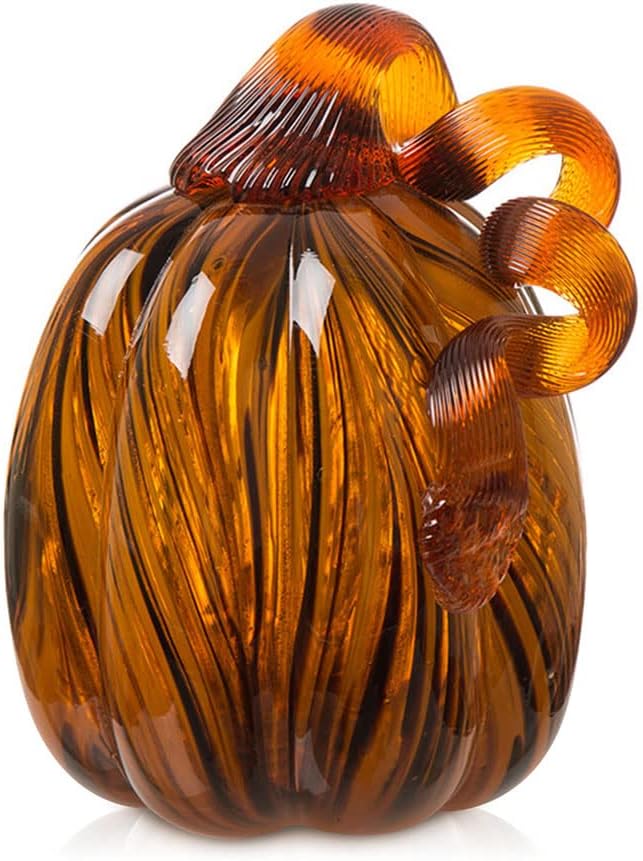 Glitzhome 4.33" Decorations Glass Pumpkin Amber Striped Pumpkin Thanksgiving Fall Harvest Ornaments