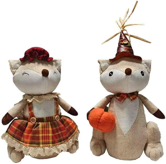 Fall Mantel Decor Thanksgiving Decoration Plushed Fox, 14" Sitting Fox, Table Foxes Animals Figurines, Couple Doll,Handmade Ornaments Autumn Fall Decorations for Home Mantel Fireplace (1set 2pcs)