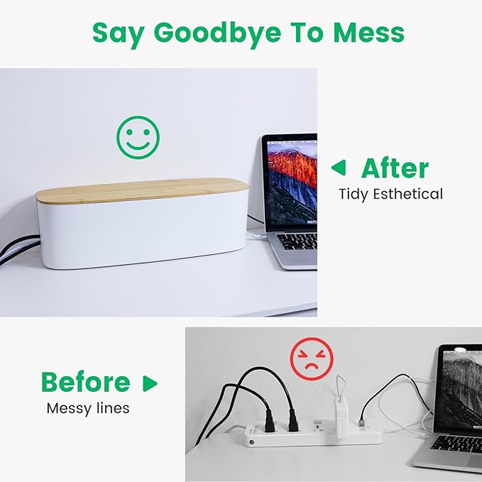 Large Cable Management Box - Cord Organize Box with Bamboo lid for Safe Home & Office, Cord Hider for Power Strip Under Desk, Cover TV Wires, Child & Pet Proof Cord Box, White