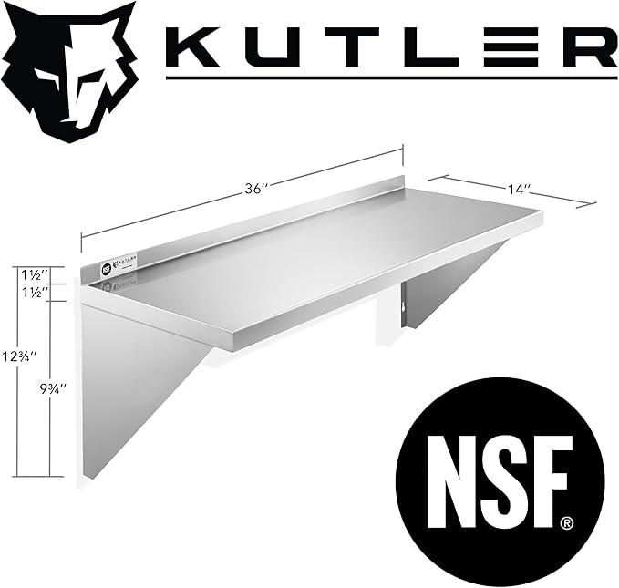 KUTLER Stainless Steel Shelf - 14" x 36", NSF Commercial Wall Mount Shelves with Backsplash, Floating Metal Shelving for Restaurant, Kitchen, Home
