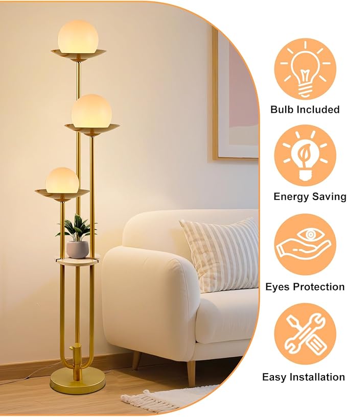 Lightdot 63IN Globe Floor Lamp with Shelf 3-Lights Modern Dimmable Floor Lamps with 3000K Soft Warm White Bulbs for Wedding/Party, Gold Tall Standing Lamp for Living Room/Bedroom