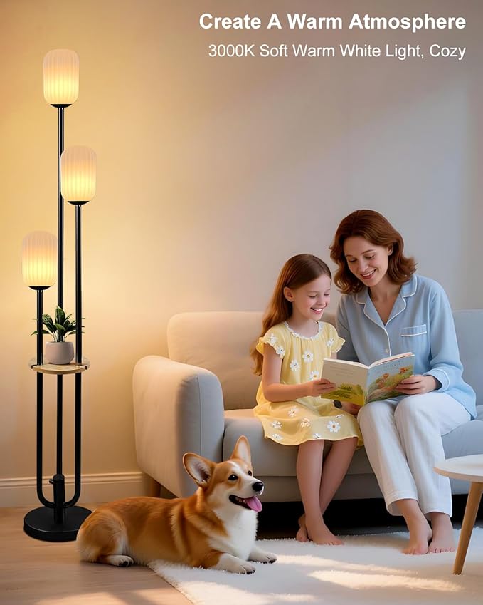 Lightdot Black Dimmable Floor Lamp with Shelf, Modern Floor Lamps with Oval Striped Lampshade 3000K Soft Warm White 3-Lights Candle Holder Style Tall Lamp for Living Room/Bedroom