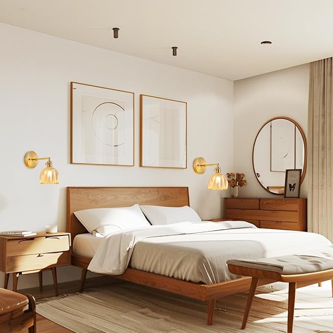 Hardwired Wall Sconce Light, Vintage Wall Sconce with Switch, Gold Wall Light Fixture with Tulip Amber Glass Lampshade, Indoor Wall Light for Bedroom Bathroom, Bedside Wall Lamp