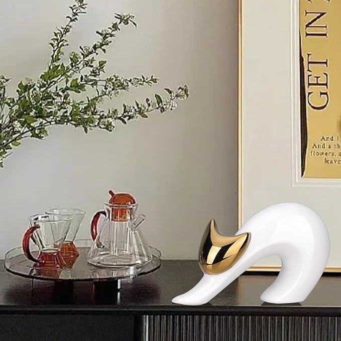 YUNSHID Abstract Elegant Yoga Cat Statue, White and Gold Decor, Minimalist Cat Figurine for Table Shelf Desk Entryway Mantle Decor, 4.75'in