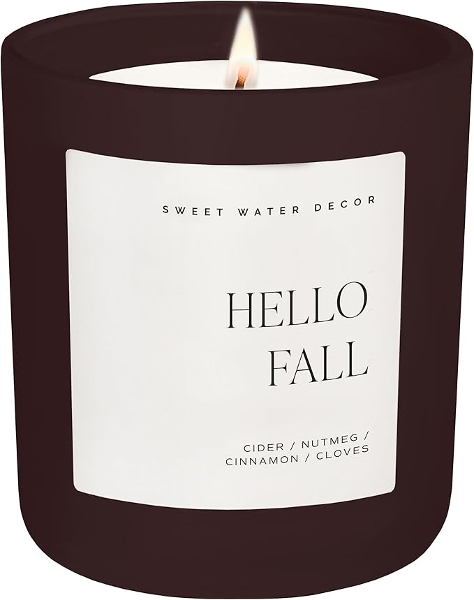 Sweet Water Decor Hello Fall Candle, Large 15oz Jar, Non-Toxic Soy Blend Wax Scented with Apple Cider & Spice, Long-Lasting Autumn Candle, Fall, Halloween & Thanksgiving Gift for Women, 70+ Hour Burn