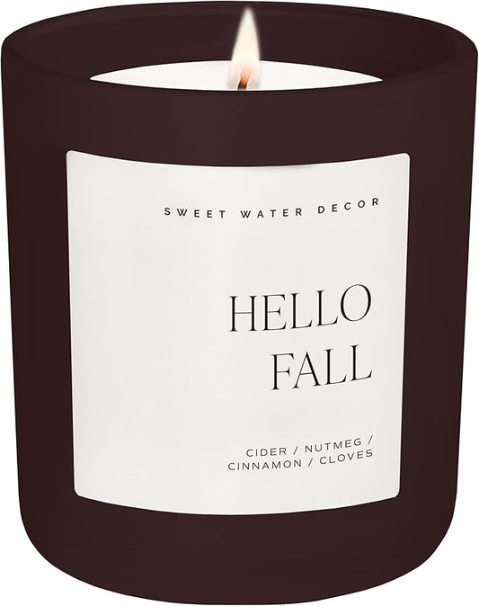 Sweet Water Decor Hello Fall Candle, Large 15oz Jar, Non-Toxic Soy Blend Wax Scented with Apple Cider & Spice, Long-Lasting Autumn Candle, Fall, Halloween & Thanksgiving Gift for Women, 70+ Hour Burn