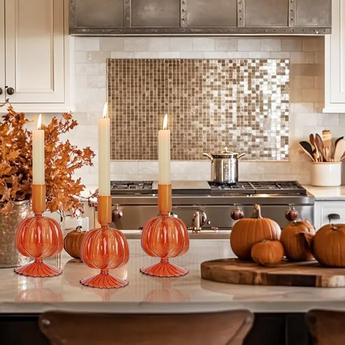 NEEDOMO Fall Decorations for Home, Set of 3 Glass Pumpkin Candlestick Holders for Thanksgiving Decor, Taper Candle Holder Fall Centerpieces for Tables Mantels Windows Indoor