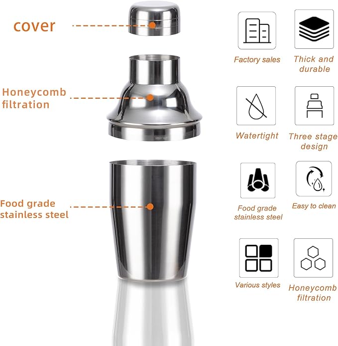 6 Piece 8oz Professional Cocktail Shaker Set with Built-in Strainer,Martini and Margarita Shaker for Home Bar, Boston Bartending Kit Gift for Beginners (250ml/8oz)