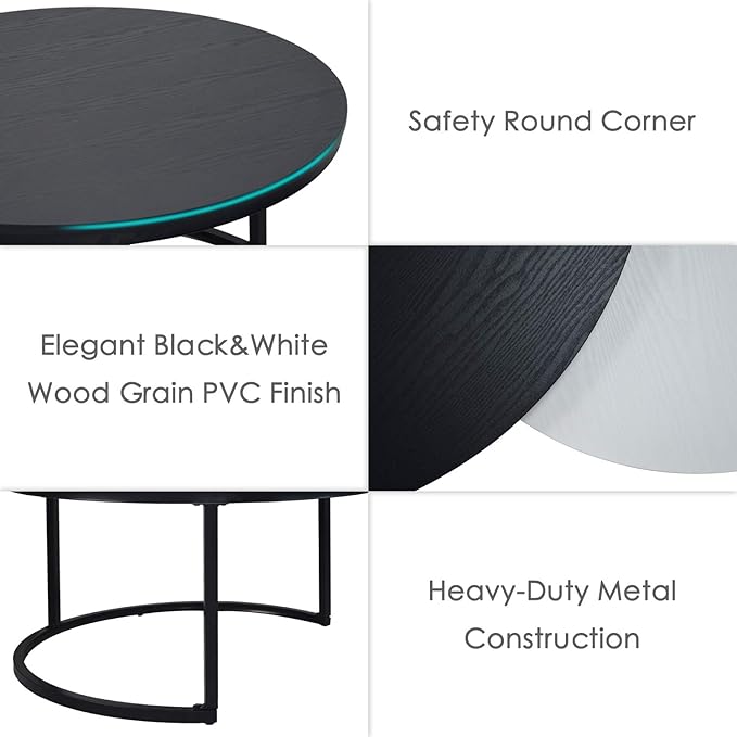 WiberWi Round Coffee Table, Nesting Tables Set of 2, Large : Ø 34.0", Small : Ø 26.0", Modern Design Furniture Side End Table for Living Room, Metal Frame Sofa Table Cocktail Table, Black & White