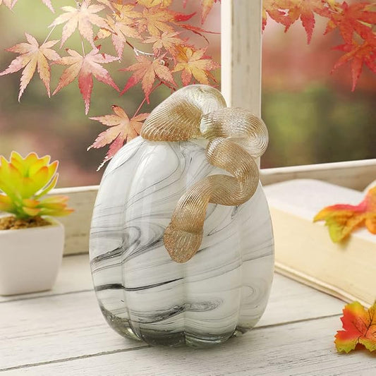Glitzhome Hand Blown Glass Pumpkin Table Accent for Fall Harvest Thanksgiving Halloween Decorations Gray Marble 5.71" H