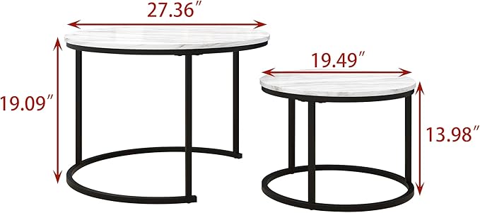 HOJINLINERO Nesting Round Coffee Table Set of 2 End Tables for Living Room,Circular and Marble Coffee Table Wooden Accent Furniture with Metal Frame,Stacking Side Tables,Black