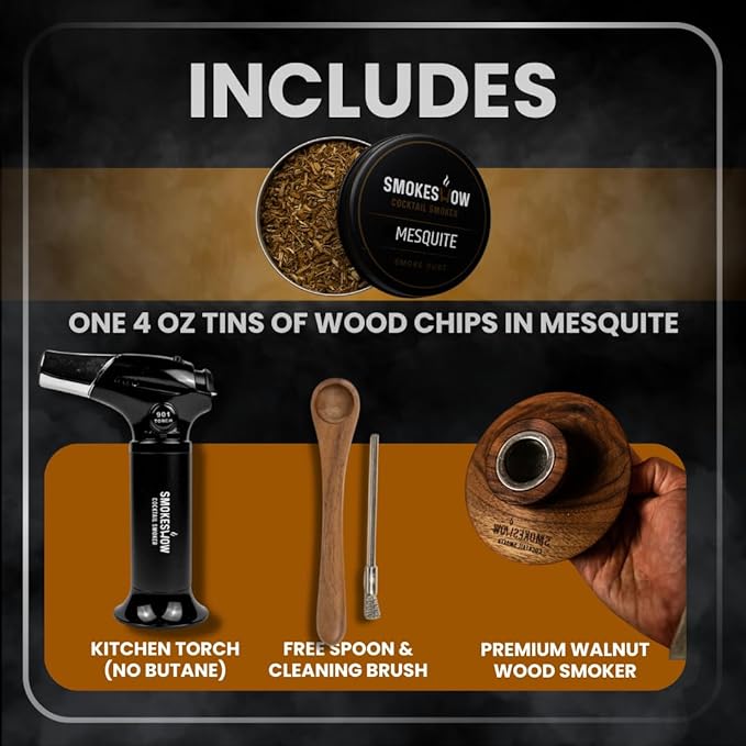 Smokeshow Cocktail Smoker Bundle with Kitchen Torch, One Flavor of Wood Chips Mesquite (No Butane Included)