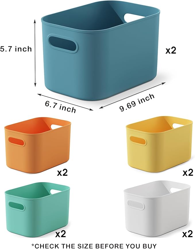 10 Pack Colorful Plastic Storage Bins, Storage Container for Organizing, Colored Storage Boxes with Handle for Shelves, Cute Organizer Bins for Craft, Snacks, Cabinet, 9.69x6.7x5.7 inch
