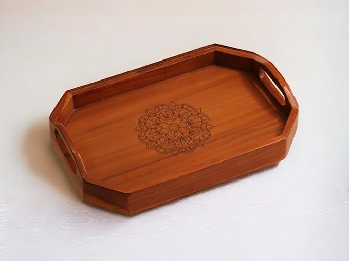 Vesta Homes Large Wooden Serving Tray for Home, Kitchen, Breakfast, Restaurant, Office Organizer, Dining Table | Premium Acacia Wood |15 * 10 * 3 Inches | Handcrafted in India