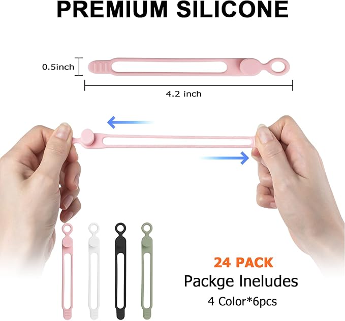 Nearockle 24Pcs Silicone Cable Straps Cord Organizer for Bundling Earphone, Phone Charger, Computer Cords, Reusable Cable Ties Wire Organizer in Home,Office,Kitchen,School (4 Colors)