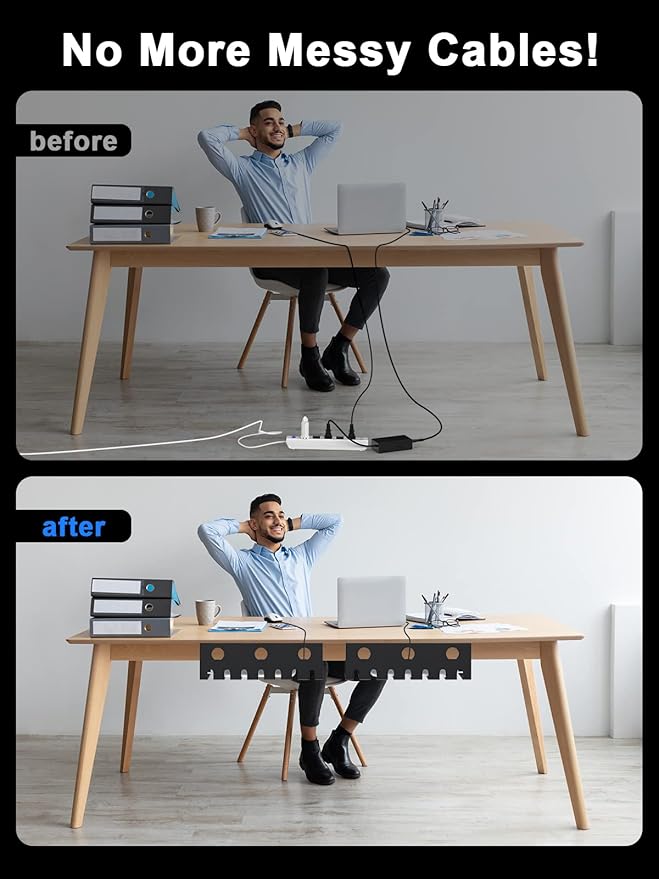 Delamu 2 Pack Metal Under Desk Cable Management Tray, U-Channel Cord Organizer Box, Office Under Desk Cord Organizers, Cable Management with Various Accessories, Black, 15.75 Inches