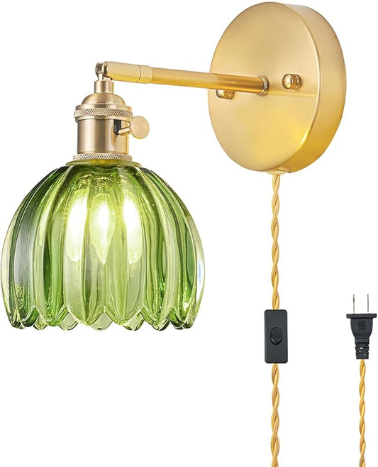 Plug in Wall Sconce, Vintage Sconce Light with Tulip Green Glass Lampshade, 180° Adjustable Wall Sconce with Switch and Plug in Wall Lamp Cord, Gold Wall Light for Bedroom Bedside