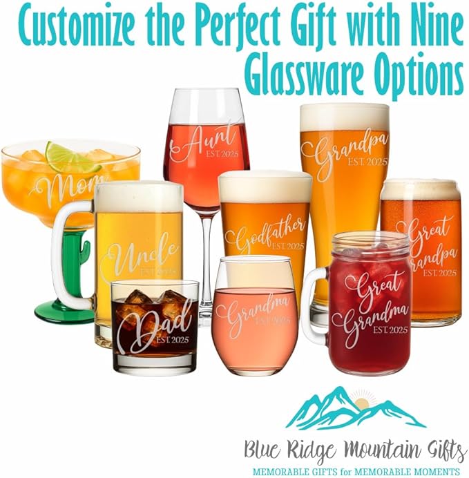 Blue Ridge Mountain Gifts - Set of Glasses for Mom and Dad - Choose from 9 Different Types of Glassware - Baby Shower, Gender Reveal Party, Pregnancy Announcment - Personalized and Laser Engraved