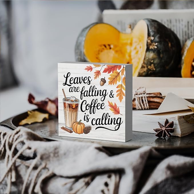 HTBIG Autumn Decor leaves Are falling & coffee Is Calling Wooden Box logo Office Table Bookshelf Decor Suitable For Country Style Farmhouse Coffee Station Desktop Use 5 x 5 Inch