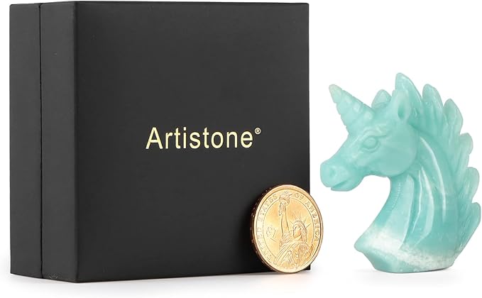 Artistone 3" Amazonite Crystal Unicorn Statue Hand Carved Gemstone Unicorn Animal Carvings Healing Collectible Figurine Reiki Gift Meditation Paperweight Home Office Decor
