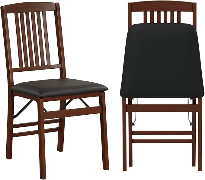 COSTWAY Folding Dining Chairs Set of 2, Wooden Kitchen Side Chairs w/Padded Seat, Solid Wood Frame, 400 LBS Load Bearing, No Assembly Needed, Vintage Foldable Chairs for Dining Room, Living Room