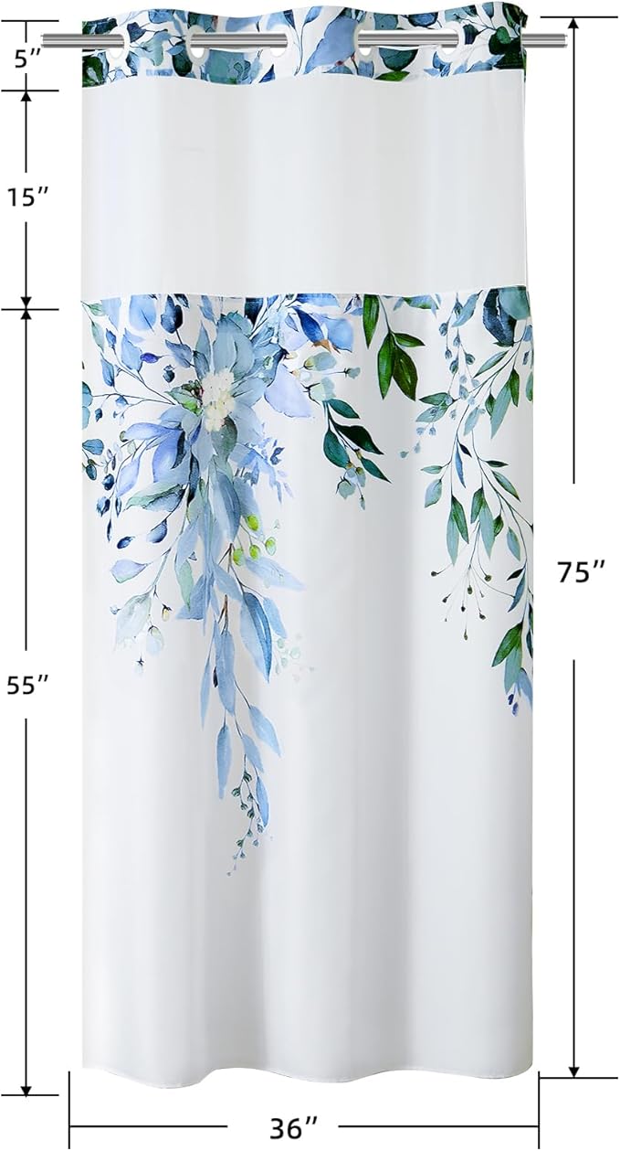 QiyI No Hook Shower Curtain with Snap in Fabric Liner, Blue Eucalyptus Shower Curtain with See Through Top Window, Waterproof Washable Cloth Ringless Shower Curtain Set for Bathroom, 36 x 75