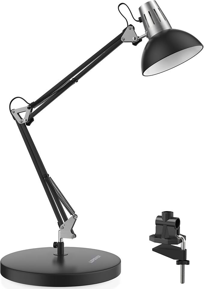 LEPOWER Metal Desk Lamp, Adjustable Goose Neck Architect Table Lamp with On/Off Switch, Swing Arm Desk Lamp with Clamp, Eye-Caring Reading Lamp for Bedroom, Study Room &Office (Black)