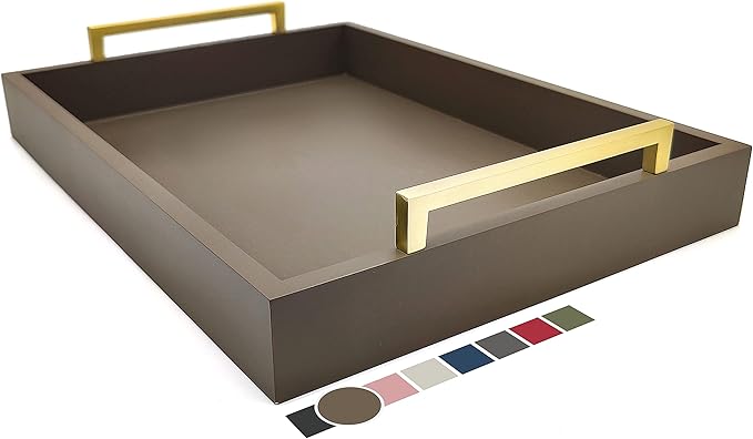 Decorative Coffee Table Tray - Ottoman Tray - Breakfast, Drinks, Liquor Serving Platter - from Farmhouse to Modern - Matte Finish - Champagne Gold Handles - Mocha