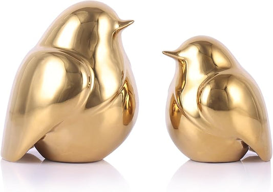 Gold Bird Figurines Set of 2 – Modern Ceramic Birds Sculptures for Shelf Decor, Table Centerpiece, Desk or Mantel Display – Shiny Gold Home Accents for Living Room, Bedroom, Office