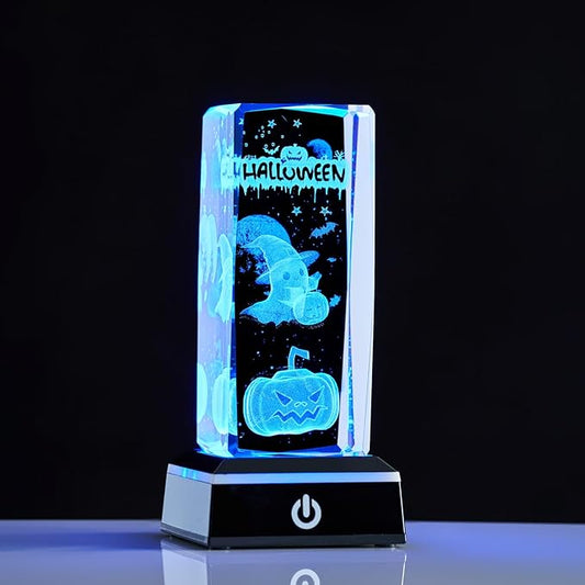 Crystal Night Light Halloween Decor Gifts for Women Men, 3D Pumpkin Ghost LED Lamp Spooky Halloween Home Party Decoration Gifts with Colorful Base