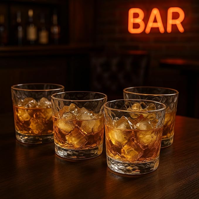 Crinkle Whiskey Glasses 12oz - Set of 4 Unique Textured Glassware for Bourbon, Scotch, Old Fashioned Cocktails - Dishwasher Safe Rocks Glasses Tumbler Set – Gift Ready Box