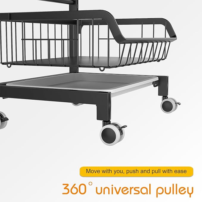 4-Tier Kitchen Snack Cart with Wheels – Versatile Rolling Storage Cart for Pantry, Utility Rooms – Adjustable Metal Wire Fruit & Vegetable Basket Rack (Black Without cart Handle, 4-Tier)