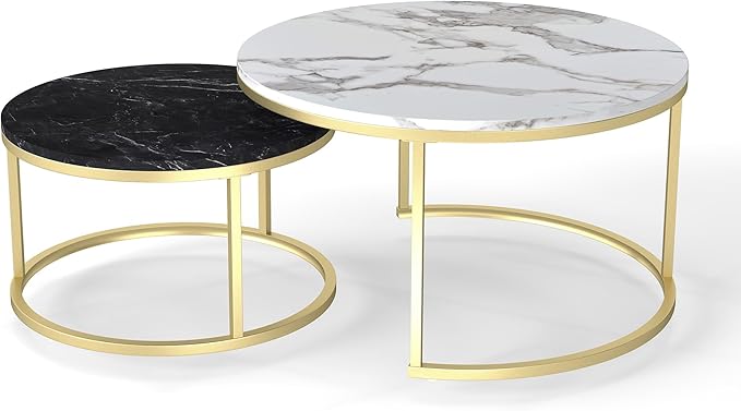 Nesting Coffee Table Set of 2, 31.5" Round Coffee Table Wooden Marble Pattern Accent Furniture, Industrial End Table for Living Room Bedroom Balcony (WhiteBlack/Gold)