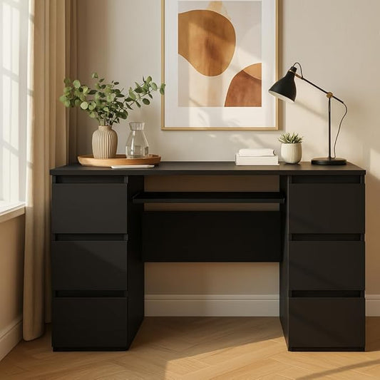 47'' Computer Desk with 6 Drawers and Keyboard Shelf, Modern Wood Writing Desk with Storage for Home Office, Bedroom, Gaming, Study, or Vanity Table – Black