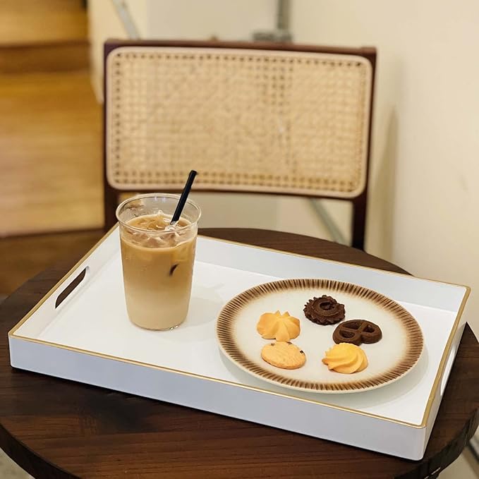 Zosenley Decorative Tray, Rectangular Plastic Tray with Handles, Modern Vanity Tray and Serving Tray for Bathroom, Kitchen, Ottoman and Coffee Table, 15.6” x 10.2” (White)