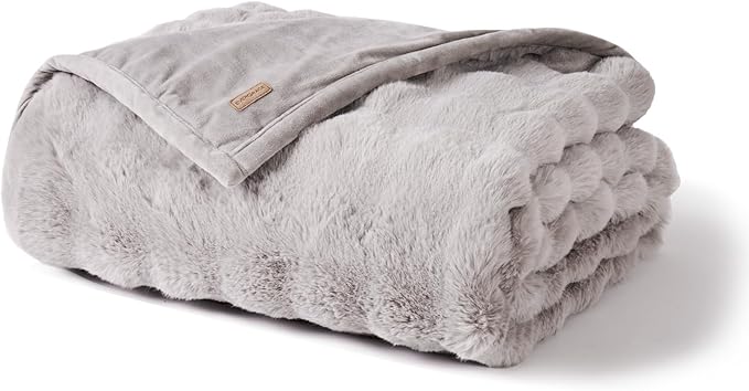 EverGrace Ultra Soft Luxury Fluffy Faux Rabbit Fur Throw Blanket, Thick Warm Bubble Throw for Bed, Cozy Plush Reversible Blankets for Couch, Chair, Sofa, Taupe, 80x90 Inches