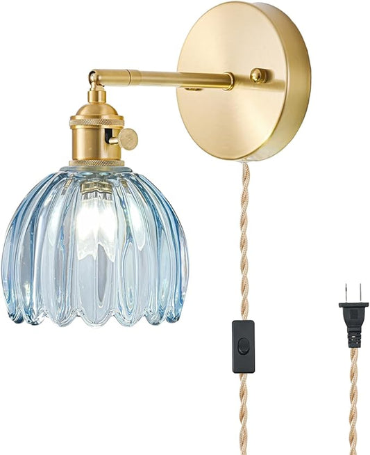Plug in Wall Sconce, Vintage Sconce Light with Tulip Denim Blue Glass Lampshade, 180° Adjustable Wall Sconce with Switch and Plug in Wall Lamp Cord, Gold Wall Light for Bedroom Bedside