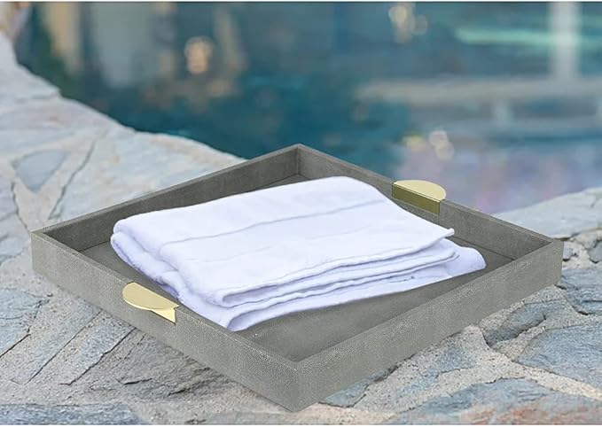 HofferRuffer Faux Leather Decorative Serving Tray, Elegant Coffee Table Ottoman Tray, Breakfast, Drinks, Liquor Serving Platter, Dark Grey Shagreen Finish with Gold Hardware Handle (Square)