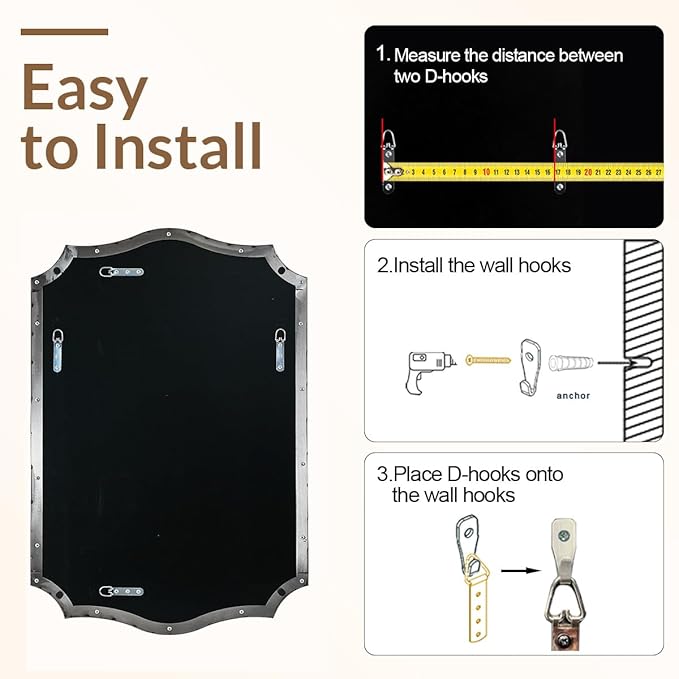 ANDY STAR 24x40 Inch Brushed Nickel Mirror, Unique Rectangle Bathroom Mirror, Large Decorative Mirror in Rust-Proof Stainless Steel 1" Frame, Modern Wavy Frame Design, Vertically/Horizontally