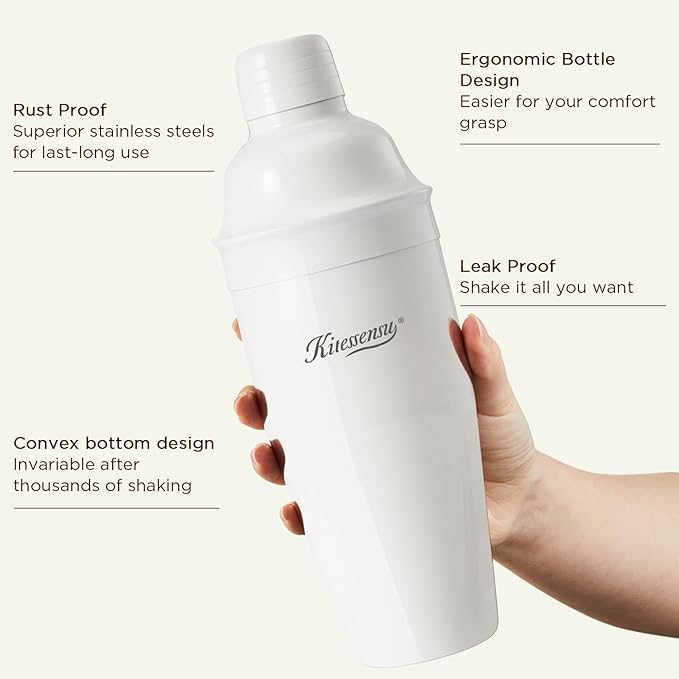 KITESSENSU Cocktail Shaker Set, Stainless Steel Martini Shaker with Bartender Strainer, Measuring Jigger, Bar Mixing Spoon, Cocktail Recipe Included, White