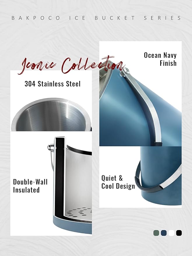 4L Ice Bucket with Silicone Lid, Scoop, Tongs & Strainer, Stainless Steel Double Wall Insulated Ice Buckets for Parties & Cocktail Bar, Outdoor Champagne Ice Container Bin, Navy