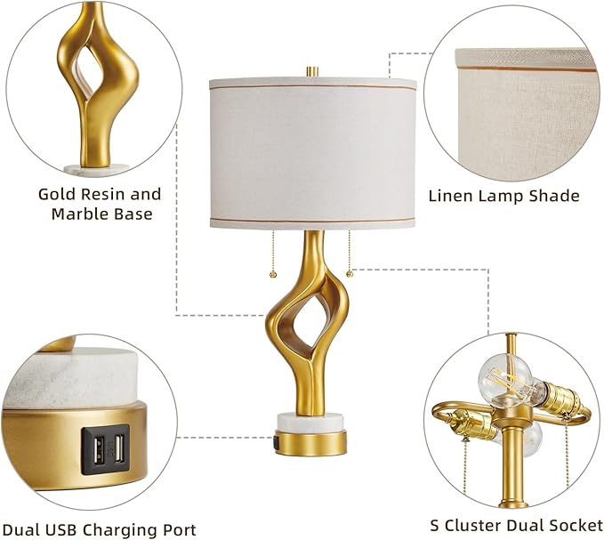 26” Modern Table Lamp Set of 2 for Living Room Bedroom, Gold Sculptural Table Lamp with 2 USB Ports, Resin Desk Lamps Marble Base with Double Pull Chains for Bedside End Tables, Bulb Included