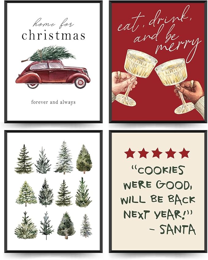 ETVISO Christmas Decor, Christmas Trees Wall Art Prints Set of 4, Retro Vintage Xmas Poster, Funny Winter Holidays Gift Print Decor for Gallery Living Room Bathroom, 8x10 (Unframed)