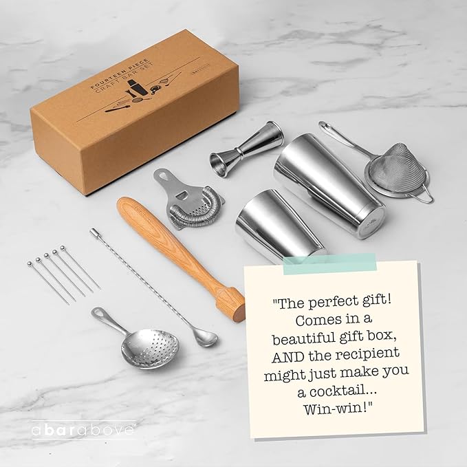 A Bar Above 14-Piece Gold Bartender Kit, Premium Gold-Plated Stainless Steel Barware Gift Set for Home and Professional Use, Includes Cocktail Shaker, Jigger, Strainers, Muddler, Picks, Spoon